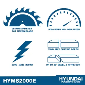 Hyundai 2000W Electric Mitre Saw / Chop Saw with 255mm Blade, 230V HYMS2000E