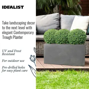 Set of 2 IDEALIST™ 65cm Long Trough Rectangular Garden Planters, Grey Reinforced Stone Outdoor Large Plant Pots L65 W19 H30 cm