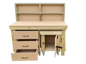 Wooden MDF top workbench with drawers and functional lockable cupboard (V.6) (H-90cm, D-70cm, L-150cm) with back