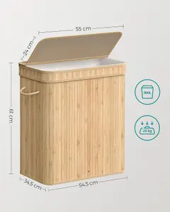 SONGMICS Bamboo Laundry Basket, Large Hamper with Lid, Machine Washable Basket, Handles, for Bedroom, Washroom, Natural