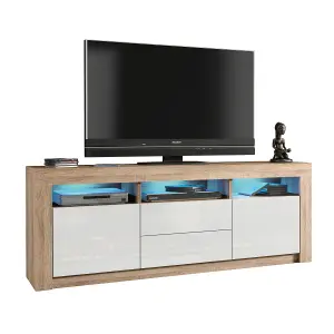 Shine TV Unit 160cm Oak & White with High Gloss Doors and LED Lighting - Creative Furniture