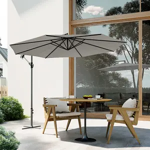 3M Outdoor Light Grey Crank Tilt Solar Banana Light Bar Umbrella Cantilever Parasol with Cross Base