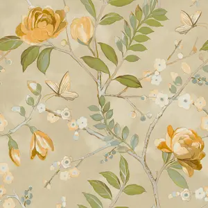 Grandeco Lola Painted Floral Trail Smooth Wallpaper, Yellow