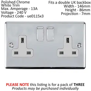 3 PACK 2 Gang Double UK Plug Socket POLISHED CHROME 13A Switched White Trim