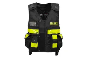 RAC3 High-Visibility Black Security Vest, Yellow Reflective Strips, Body Camera Mounts, Pockets, Adjustable Fit Up to 5XL (Black)