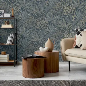 Sahara Leaf Navy Blue Tropical Leaf Wallpaper M1784