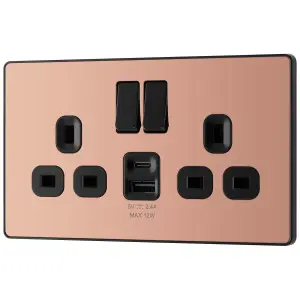 BG Polished Copper Double 13A 12W Raised slim Switched Screwless Socket with USB, x2 & Black inserts