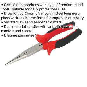 215mm Long Nose Pliers - Serrated Jaws - Drop Forged Steel - Hardened Cutters