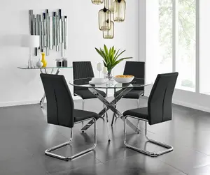 Furniturebox UK Novara Chrome Metal And Glass Large Round Dining Table And 4 Black Lorenzo Chairs Set