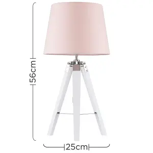 ValueLights Clipper Modern White Wood and Silver Chrome Tripod Table Lamp with Pink Shade