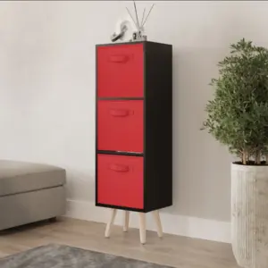 URBNLIVING 80cm Height 3 Tier Black Wooden Storage Bookcase Scandinavian Style Pine Legs With Red Inserts