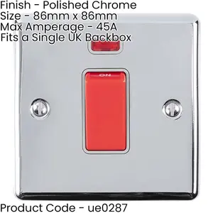 2 PACK 1 Gang 45A Oven Cooker Switch Neon - POLISHED CHROME & GREY Rocker DP