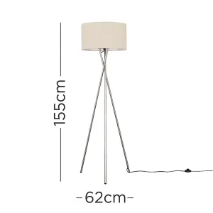 ValueLights Camden Modern Brushed Chrome Metal Tripod Floor Lamp with Beige Cylinder Shade - Includes 6w LED Bulb 3000K Warm White