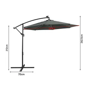 3M Garden Sun Shade Cantilever Parasol Hanging Banana Umbrella Crank Tilt with Solar Lights and Fillable Base, Dark Grey