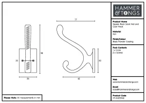 Hammer & Tongs - Square Back Scroll Hat & Coat Hook - W35mm x H100mm - Black