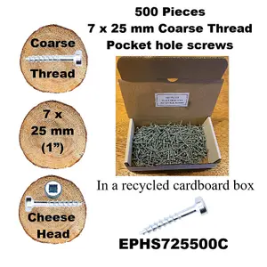 Pocket Hole Screws for Softwoods, 25mm Long, Pack of 500, Coarse Self-Cutting Threaded Square Drive, EPHS725500C, EPH Woodworking