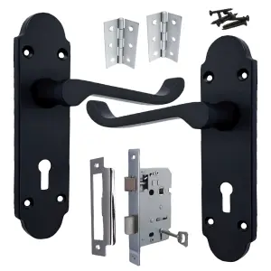 Epsom Door Handle Key Lock Scroll Lever - Matt Black Chrome Pack Hinges