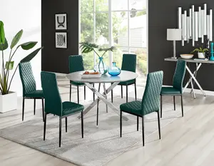 Furniturebox UK Novara Grey Concrete Effect 120cm Round Dining Table & 6 Green Velvet Milan Black Leg Chairs