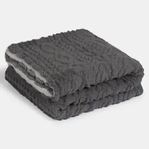 Cable Knit Blanket Sherpa Fleece Plush Supersoft Warm Throw, Grey - 130 x 160cm