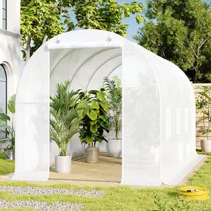 13 x 6 ft White Outdoor Walk In Tunnel Greenhouse with Steel Frame Roll Up Door Windows