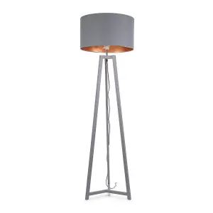 ValueLights Lottie Grey Wood Tripod Floor Lamp with Grey/Copper Drum Shade - LED Bulb Included