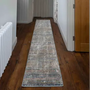 Beige Blue Hallway Runner Rug with Distressed Finish 60x240cm