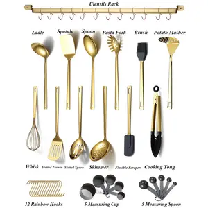 Gold Cooking Utensils Set,Kyraton Stainless Steel 37 Pieces Kitchen Utensils Set With Titanium Gold Plating,Kitchen Gadgets Cookware,Kitchen Tool Set With Utensil Holder. Dishwasher Safe