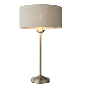 Luminosa Highclere 1 Light Table Lamp Brushed Chrome Plate, Natural Linen