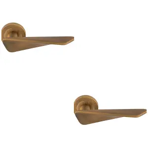 2 PACK - Premium Angle Twist Door Handle Set - Antique Brass Designer Lever on Round Rose