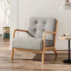 Grey Solid Wooden Frame Upholstered Buttoned Armchair Recliner Chair Sofa Chair