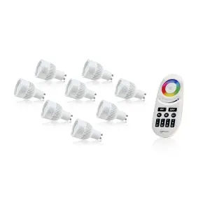 Auraglow 2.4GHz Remote Control RGB GU10 LED Light Bulb - 60w EQV - 8 Pack With 4 Zone Remote