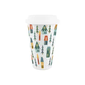 Purely Home Reusable Christmas Houses Ceramic Travel Mug - Insulated Hot/Cold Drinks Mug