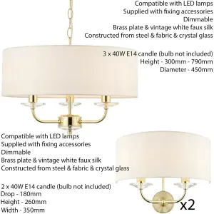 3 Bulb Ceiling Pendant Lamp & 2x Matching Twin Wall Light Modern Brass Plate