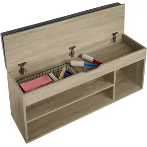 Shoe Rack Natalya - 4 storage spaces, bench seat cushion, for 9 pairs of shoes - Wood light, oak Sonoma