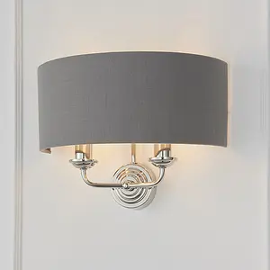 Luminosa Highclere Shade Wall Lamp Bright Nickel Plate, Charcoal Fabric