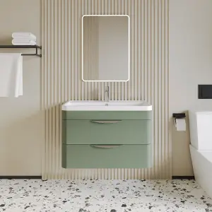 Wall Hung 2 Drawer Vanity Unit with Polymarble Basin - 800mm - Satin Green