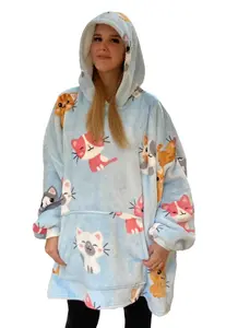 Urban Unique Kitties Sherpa Fleece Hoodie Blanket/Throw Blue Oversized