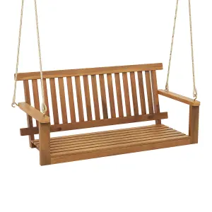 Costway Acacia Wood Porch Swing 2-Person Outdoor Patio Hanging Chair w/ Backrest