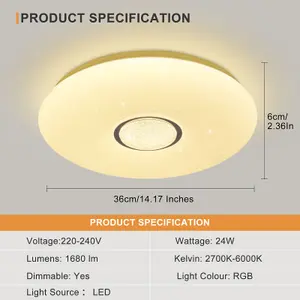 LED Smart Ceiling Light, 24 Watts RGB CCT 2700K-6500K, Dimmable