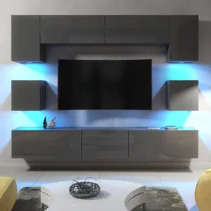 Modern Wall Unit TV Stand Living Room Cupboard - Dark Grey Gloss Doors