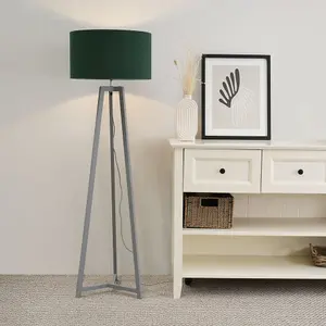 ValueLights Lottie Grey Wood Tripod Floor Lamp with Forest Green Drum Shade - LED Bulb Included