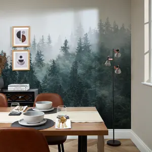 Misty Trees Mural In Green And Grey (450cm x 240cm)