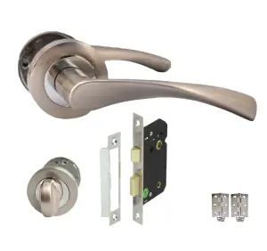 DOOR HANDLE MODERN CHROME & SATIN NICKLE BATH SET ON ROSE TWIST winged LEVER