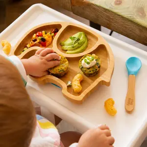 Tiny Dining - Elephant Bamboo Suction Baby Feeding Set - Green - 4pc