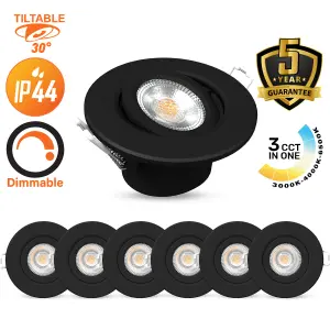 paul russells LED Downlight Black Dimmable Tilt Recessed Ceiling SpotLight 6W 520 Lumens, IP44, Colour Changeable CCT3 Pack of 6