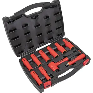 10pc VDE Insulated Socket & Ratchet Handle Set -1/2" Square Drive 6 Point Metric