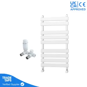 Designer Marvella White Flat Panel Towel Radiator Heated Ladder Rail - 950 x 500mm - Corner TRV Valve Pair