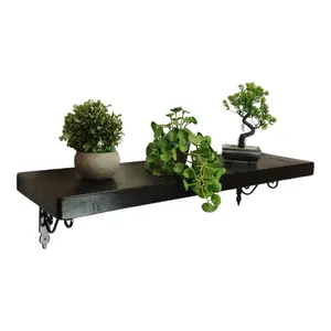 Solid Wood Handmade Rustical Shelf Black Ash 145mm 6 inch with Black Metal Bracket WOZ Length of 220cm