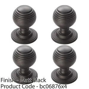 4 PACK - Reeded Ball Door Knob - 28mm Matt Black Lined Cupboard Pull Handle & Rose