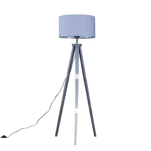 ValueLights Willow Large Grey Wood & Metal Tripod Design Floor Lamp with Grey/Chrome Shade with LED Bulb